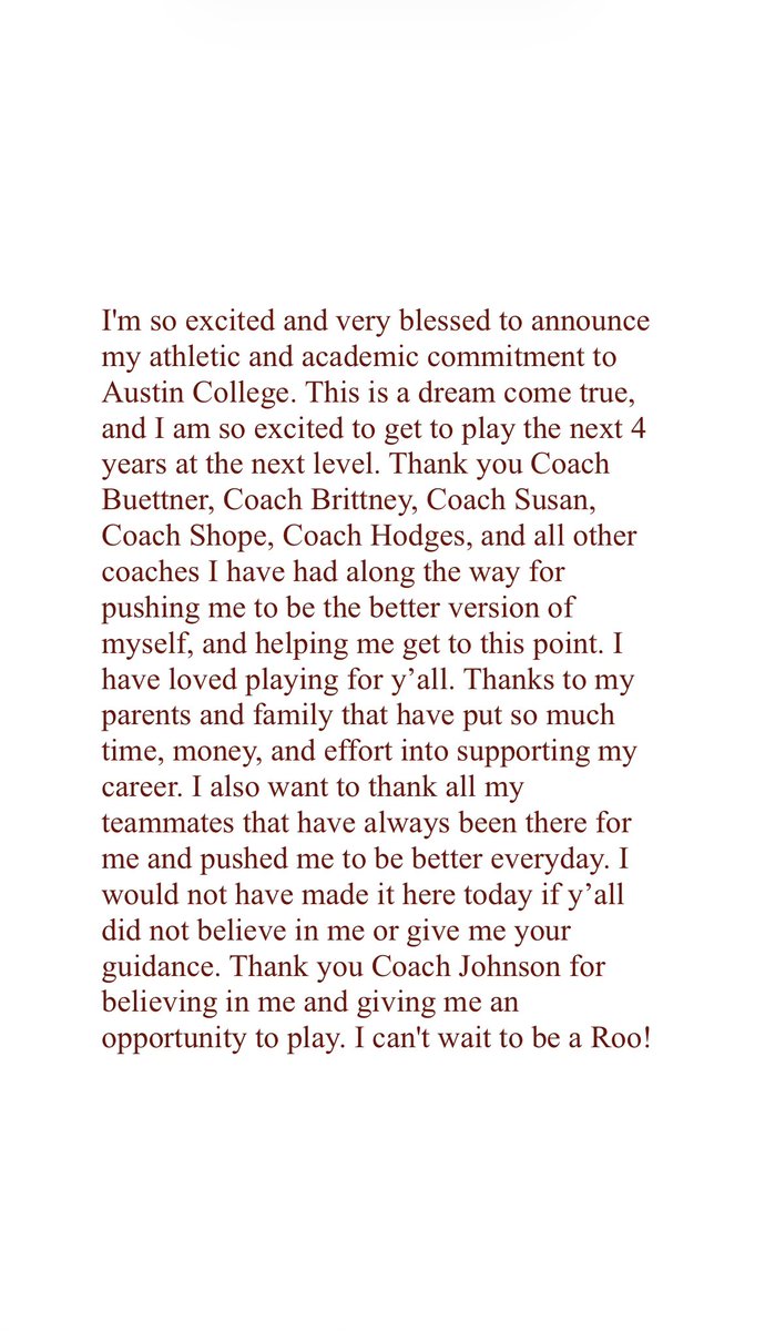 Go Roos! So excited and thankful to announce my commitment to Austin College!
<a href="/ACRoosSoftball/">AC ‘Roos Softball</a> <a href="/dtitanssoftball/">titanssoftball</a> <a href="/TakeCharge_SB/">TakeChargeRecruiting-Softball</a> <a href="/NCAADIII/">NCAA Division III</a> <a href="/SBRRetweets/">Softball Recruiting Reposts</a> <a href="/DfwSho/">DFW Sho'Case</a> 
#classof2027 #committed