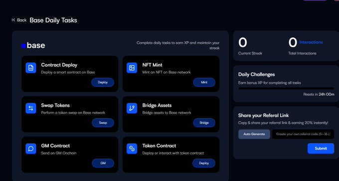 Daily Interaction <a href="/base/">Base</a> ae ới

Airdrop Base sắp tới sẽ cực lớn, chưa snapshot nên anh em cứ chăm tương tác hằng ngày cho chắc nhé ae.

📌 Cách làm:
Vào: contracts.mintair.xyz
Connect ví + X account
Hoàn thành daily missions: Deploy contract, Mint NFT, Swap, Bridge...