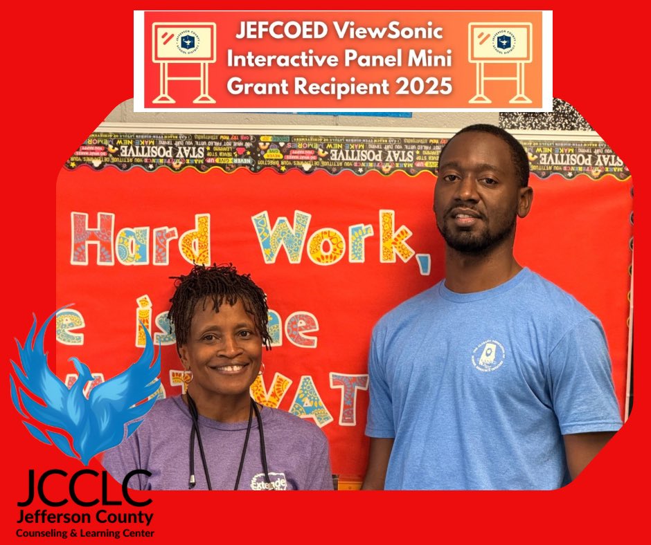 🎉👏 Congrats to Ms. Jones &amp; Mr. Martin! 👏🎉

Selected as JEFFCOED ViewSonic Interactive Panel Mini Grant Recipients 2025! 🖥️✨ Their innovation will open new doors for teaching &amp; learning at JCCLC. 💡📚

#RISE #JCCLC #ExcellenceInAction