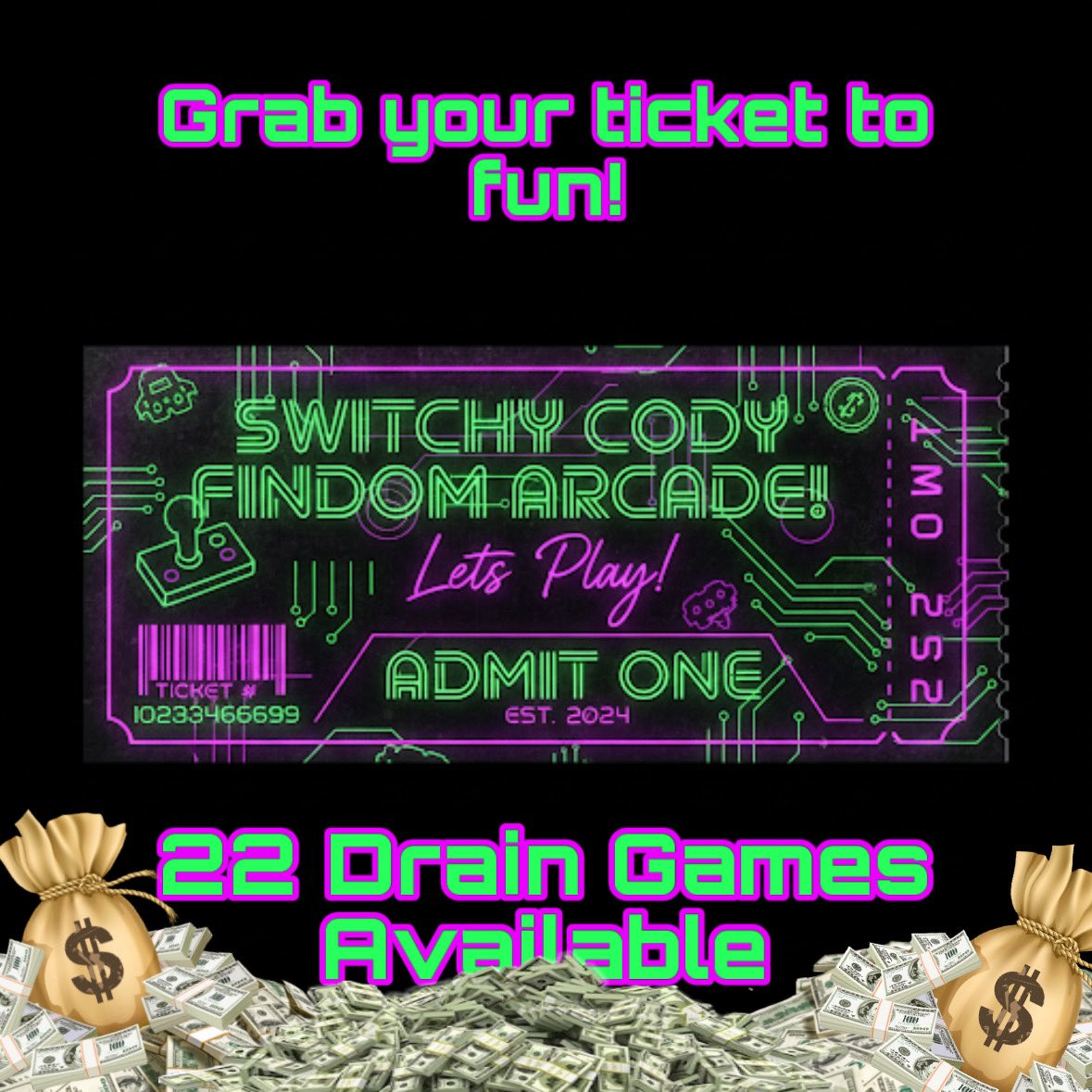 Grab your ticket to the Switchy Cody Findom Arcade!! 22 drain games all unique and different. You worked hard all week making that cash and now it’s time to hand it all over!! DM me to play! #Findom #FindomFun #FindomGames