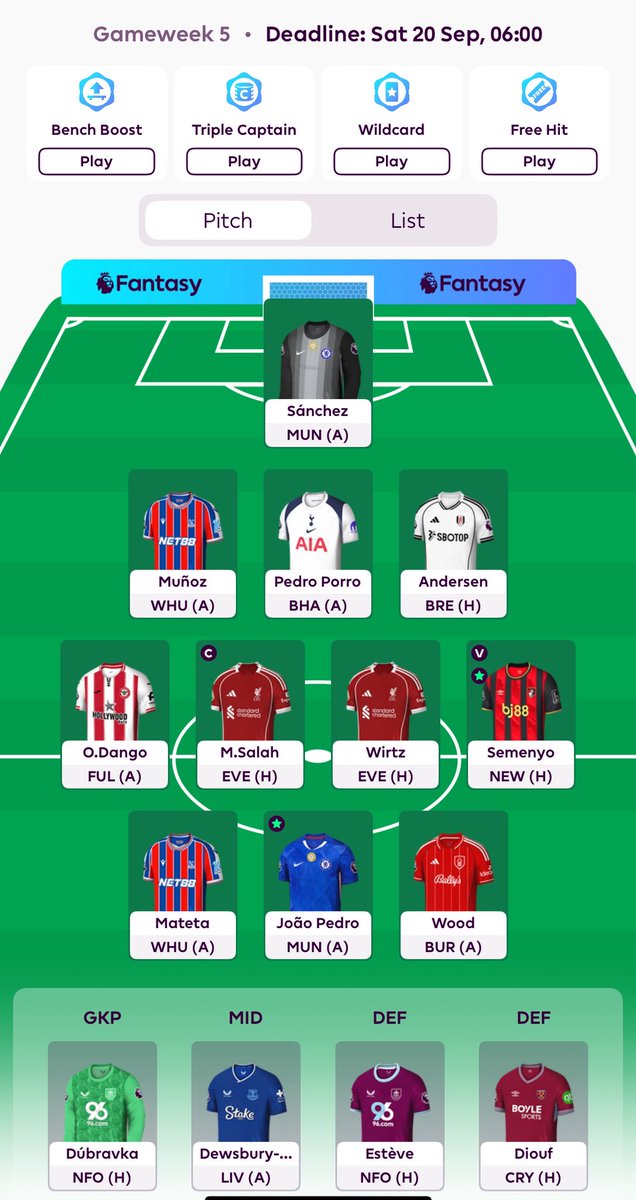 GW5 Team
Bruno ➡️ Semenyo 
♻️ the other FT
🧢 Salah
VC Semenyo in case of ⛈️

Last dance for Wirtz. 
2 FT for GW6
Good Luck all! 🍀🧧🤞😉
#FPL