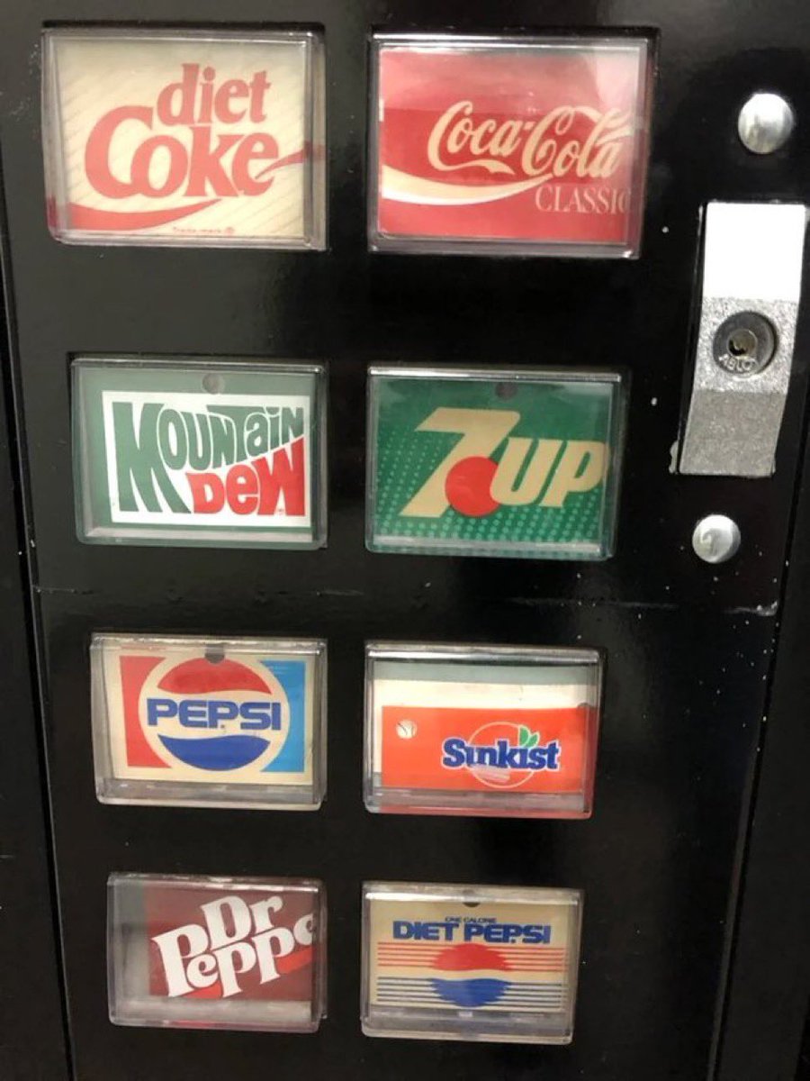 landofthe80s's tweet photo. So many choices, only a single quarter. Which one do you choose to quench your thirst? https://t.co/us2qUqco1m