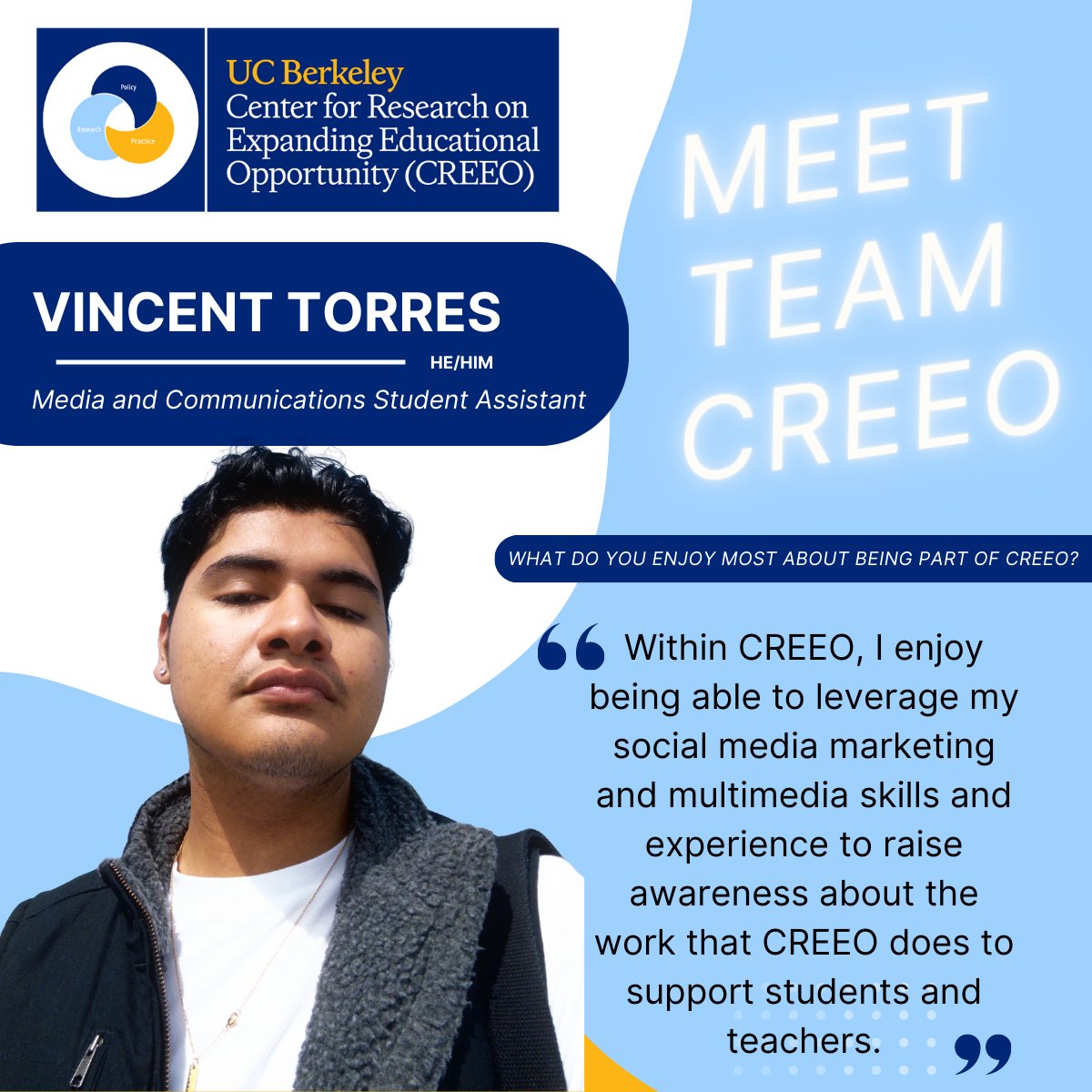Welcome, Vincent Torres, to the CREEO team! We are excited to have his expertise in social media marketing, communications, and film production as we expand opportunities for educators &amp; students across CA.

#CREEO #BerkeleyEducation #EducationEquity #NewStaff