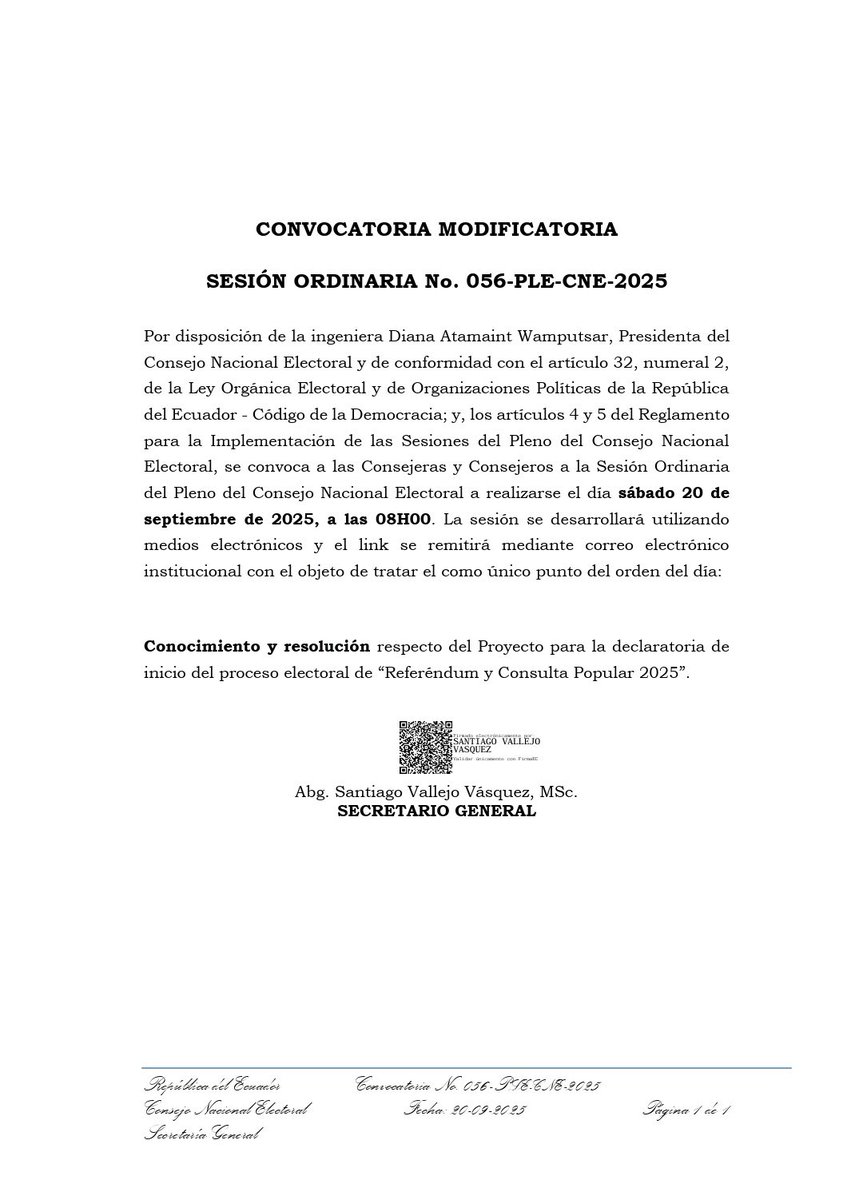 OFICIAL:

El Pleno del CNE sesionará este sábado, 8h00, de manera virtual, para conocer la convocatoria del Presidente de la República a consulta popular para la instalación de una Asamblea Constituyente⤵️