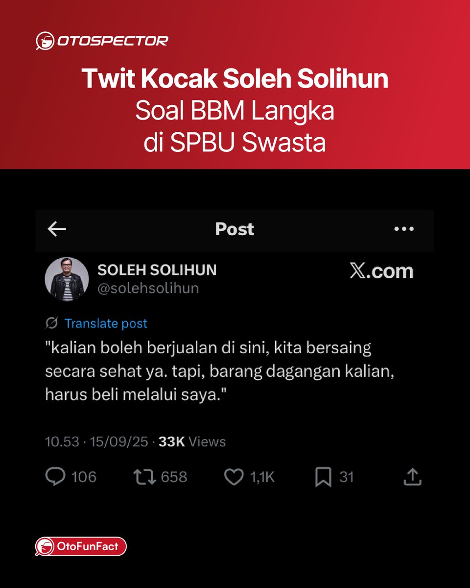 otospector's tweet image. Langkanya BBM di sejumlah SPBU swasta (Shell, BP, dan Vivo) bikin orang-orang gerah dan mau berkomentar. Salah satunya, Soleh Solihun, komika yang twitnya di X, katanya adalah akar dari semua permasalahan ini. Apa bener?#spbupertamina #SPBUSHELL #SPBUBP #SPBUVIVO #SHELL #VIVO