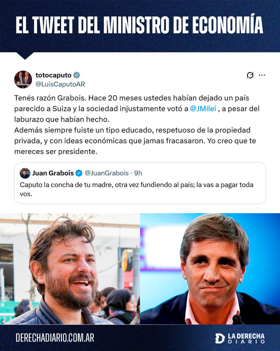 🚨🇦🇷 | BASADO: Toto Caputo se burló fuerte del mugriento kirchnerista Juan Grabois y lo destruyó con ironía.

"Tenés razón Grabois. Hace 20 meses ustedes habían dejado un país parecido a Suiza y la sociedad injustamente votó a <a href="/JMilei/">Javier Milei</a>, a pesar del laburazo que habían hecho".