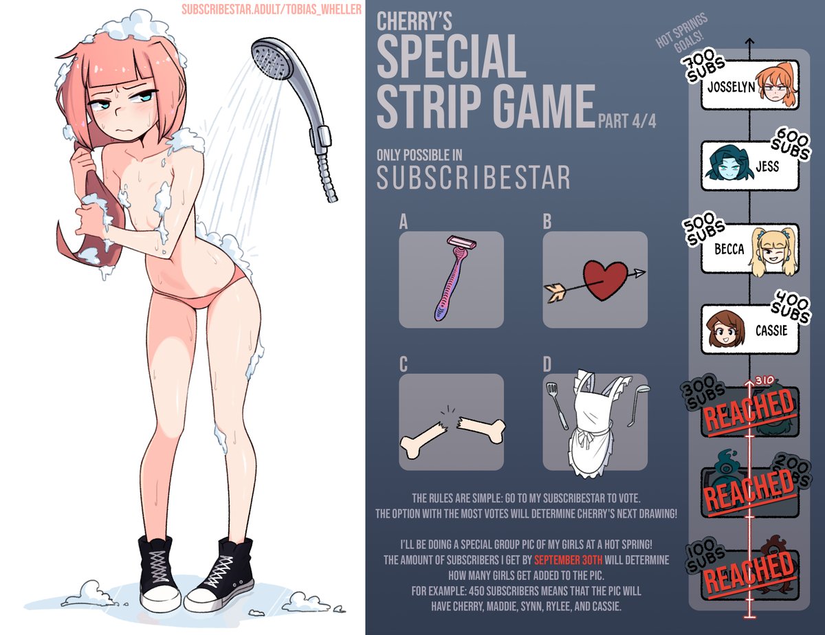 Cherry's Game PART 4!

People chose, now this lady has to shower in her underwear and with her shoes on!

There are 4 new and vague options; the one with the most votes will decide how the next Cherry drawing will be!