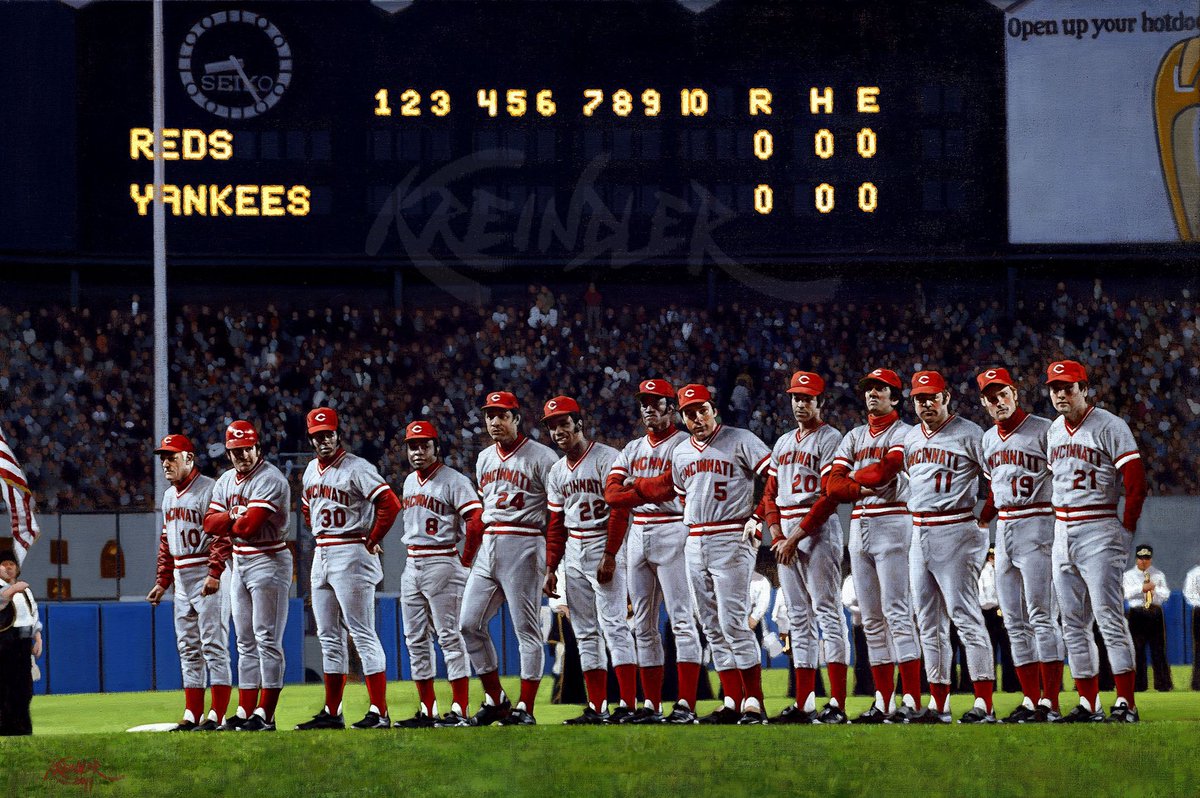 #OTD in 1943, Joe Morgan was born in Bonham, TX. Though a smaller player, he was one of the greatest second basemen in the history of baseball, winning two NL MVPs during his career, Here’s my painting of him with the Big Red Machine, the night they won the 1976 World Series.