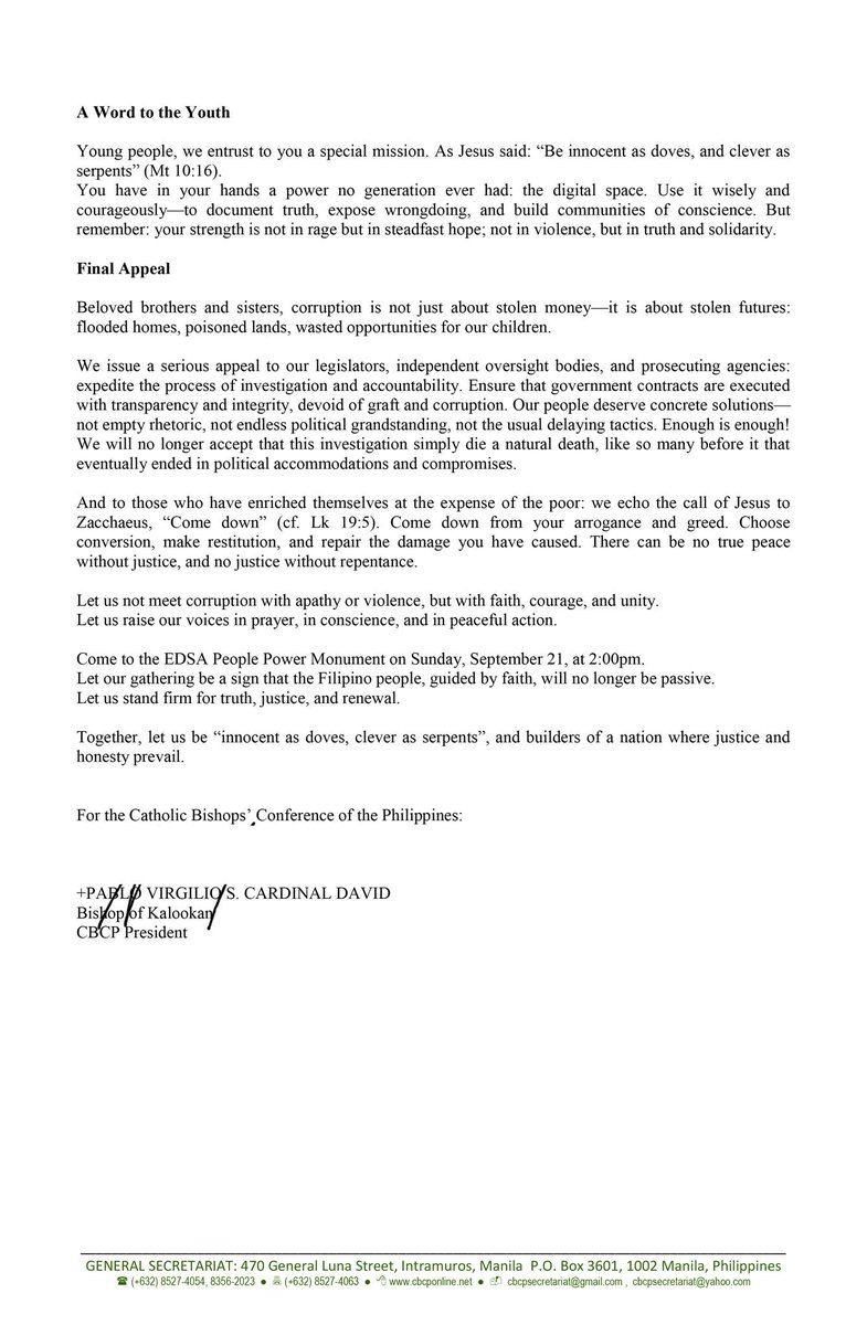 ‘THIS GATHERING IS NOT A POLITICAL SPECTACLE, BUT A MORAL STAND’

Catholic Bishops’ Conference of the Philippines (CBCP), hinimok ang publiko na magtungo sa EDSA People Power Monument bukas, September 21, 2:00 PM, para makiisa sa “Trillion Peso March” laban sa katiwalian. | via