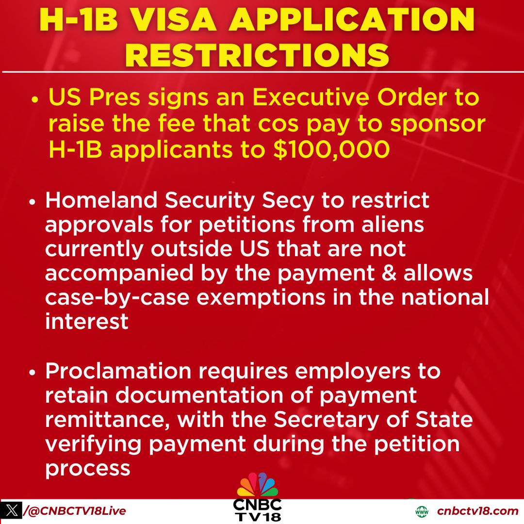 CNBCTV18Live's tweet image. #H1BVisa  | IT COMPANIES IN FOCUS 

#WhiteHouse proclamation restricts entry for aliens as non-immigrants to perform services in speciality occupations in the H-1B program unless a $100,000 payment accompanies their petition

Proclamation requires employers to retain…