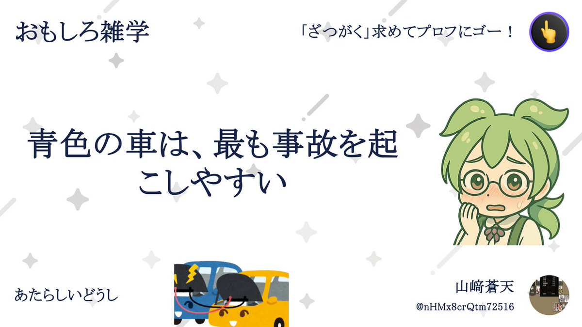 おもしろ雑学なのだ。

青色の車は、最も事故を起こしやすいのだ。