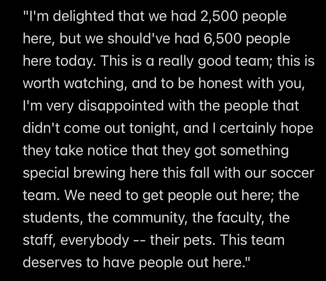 aidan_currie_'s tweet photo. Maryland’s announced attendance was around 2,500 for tonight’s win. 

With his team now at 5-0-1, here’s what Sasho Cirovski had to say about it after that game. 

Electric stuff from the 33rd-year Terps head coach. https://t.co/tYT2QgOFCU
