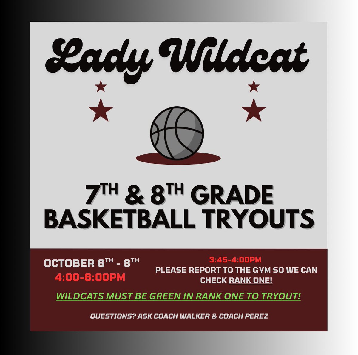 Lady Wildcats, basketball is back! 🏀 Tryouts are right around the corner, and it’s your chance to show off your hustle, heart, and skills. Don’t miss the opportunity to be part of something special this season! Must be green in RankOne! ✅

See you on the court. 🎉