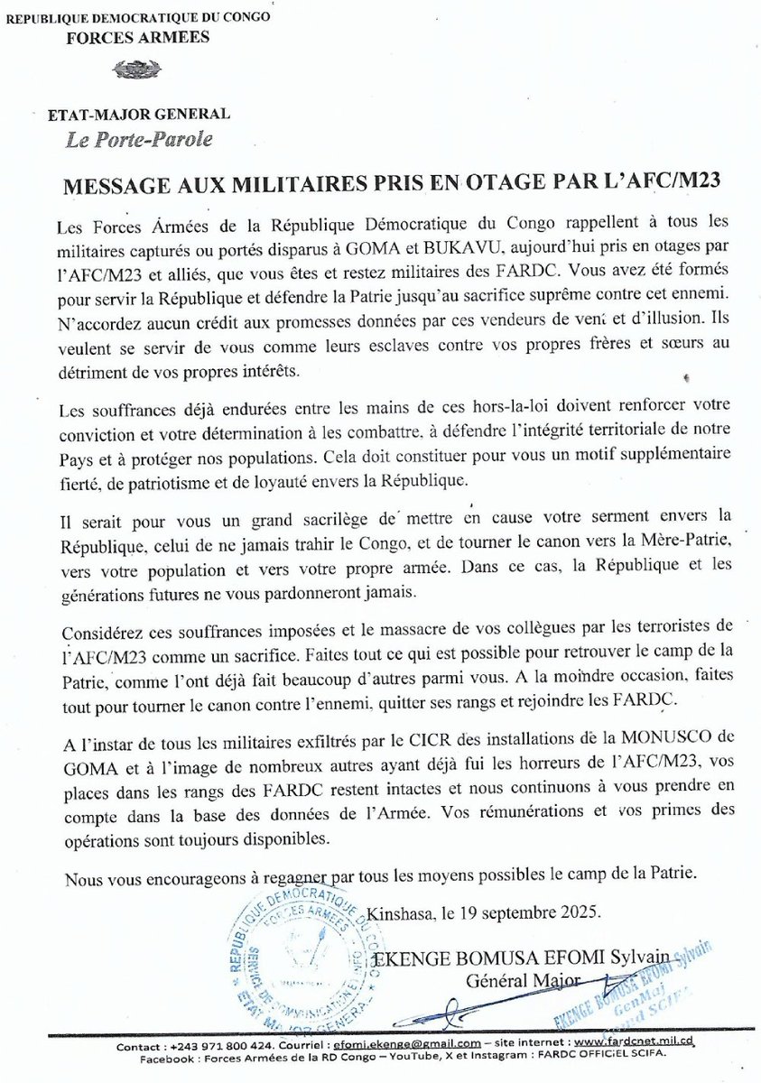#RDC : Après la formation par #AFC_M23 de plus de 7 000 combattants #ARC, l'État-Major Général des #FARDC rappelle aux militaires congolais pris en otages qu'ils sont tjrs militaires des #FARDC. « N’accordez aucun crédit aux promesses données par ce vendeur du vent », écrit-il.