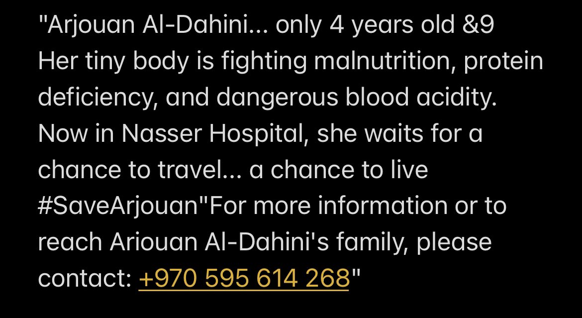 doaa__mohammad's tweet image. &quot;Arjouan Al-Dahini... only 4 years old &amp;amp;9
Her tiny body is fighting malnutrition, protein deficiency, and dangerous blood acidity. Now in Nasser Hospital, she waits for a chance to travel... a chance to live #SaveArjouan&quot;
