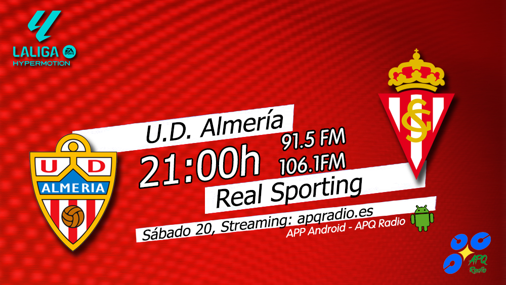 🔴HOY, EN LA BANQUETA DEPORTIVA🔴
🕘 21:00h (Previa desde las 20:45h)
🏟️ Almería Stadium
⚽️ <a href="/U_D_Almeria/">UD Almería</a> 🆚 <a href="/RealSporting/">Real Sporting</a> 
🎙️ <a href="/pelayoAR10/">Pelayo Alijostes</a> 
📻 91.5 - 106.1FM Asturias
🖥️ apqradio.es
📱 bit.ly/3oFv0HI