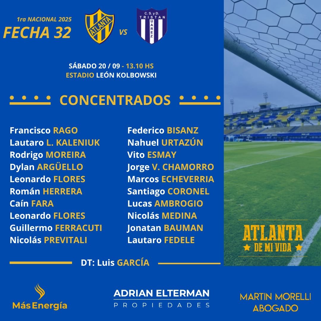AtlantaDeMiVida's tweet photo. 📋 #Convocados #Fecha32
Los jugadores citados por Luis García para recibir a #TristánSuárez.
🔹Lucas Ambrogio vuelve a ser parte de los concentrados.
🏥#Lesionados
Tomás Rojas realiza sesiones de kinesiología.
Jonathan Dellarossa sufrió un desgarro.
#AtlantaDeMiVida 💛💙 https://t.co/dSr1c7mmj4