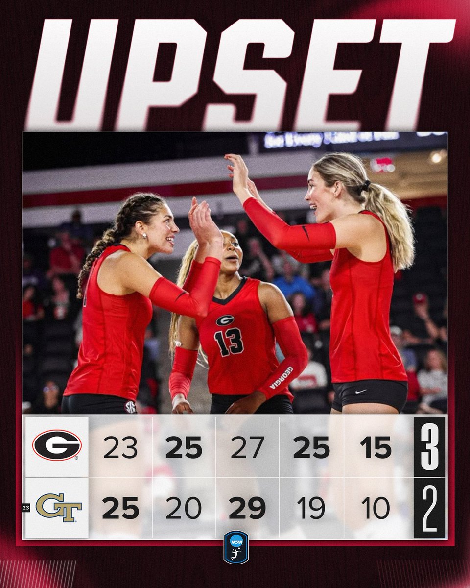 NCAAVolleyball's tweet image. THAT'S A RANKED DUB FOR THE DAWGS 🐶

@UGAVolleyball grabs the upset win against No. 23 Georgia Tech in a five set thriller!

#NCAAWVB