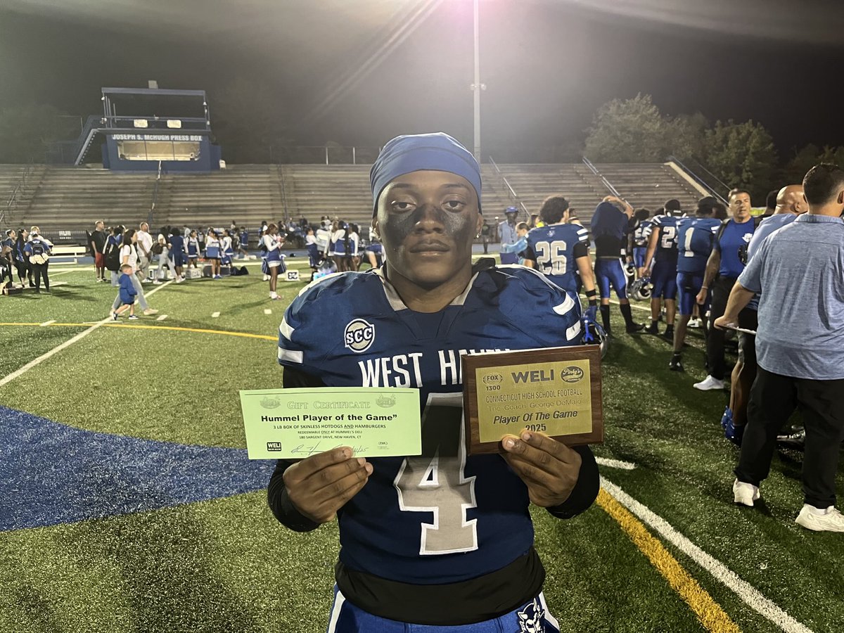 Amir Daniley, West Haven High School, scored 2 touchdowns, including an 84 yard punt return, in a 21-10 win over Shelton TheCoachWELI