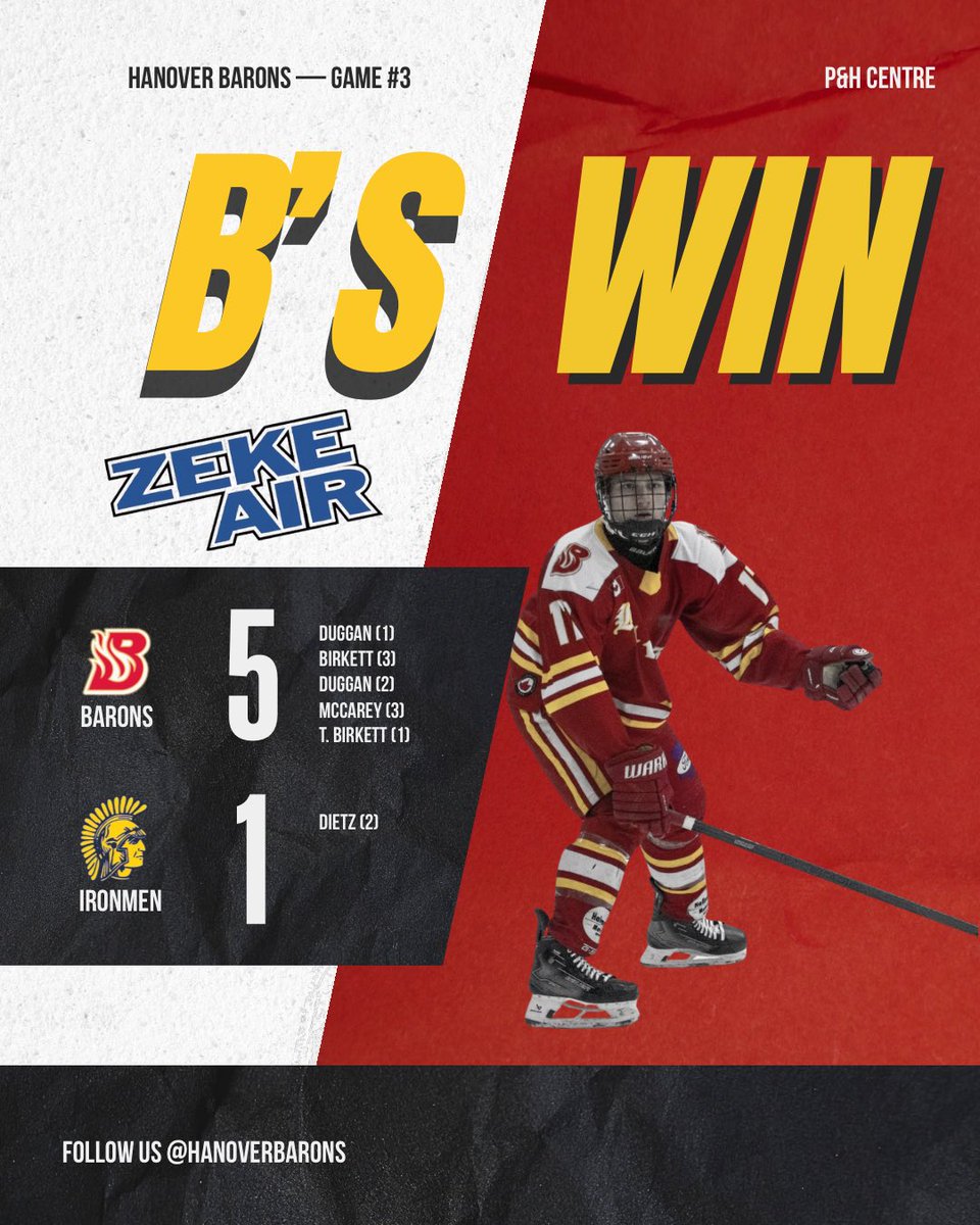 HanoverBarons's tweet photo. HOME OPENER WIN ๐ฅ
Thanks again to tonightโs Game Sponsor #ZekeAirHeatingCooling!
#RollBarons https://t.co/tNsuQ3d0hi