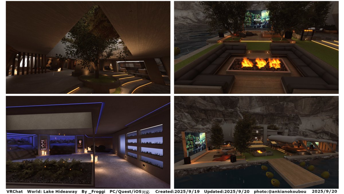 #VRChatワールド紹介 #VRChat_World紹介
vrchat.com/home/world/wrl…

湖畔に面したリゾートハウスのワールド。邸内各所にチル部屋的スペースを配置。地下１階あり。照度低めが目に優しく、リラックスできそうな雰囲気です。

World: Lake Hideaway
By _Froggi
PC/Quest/iOS対応

#VRChat