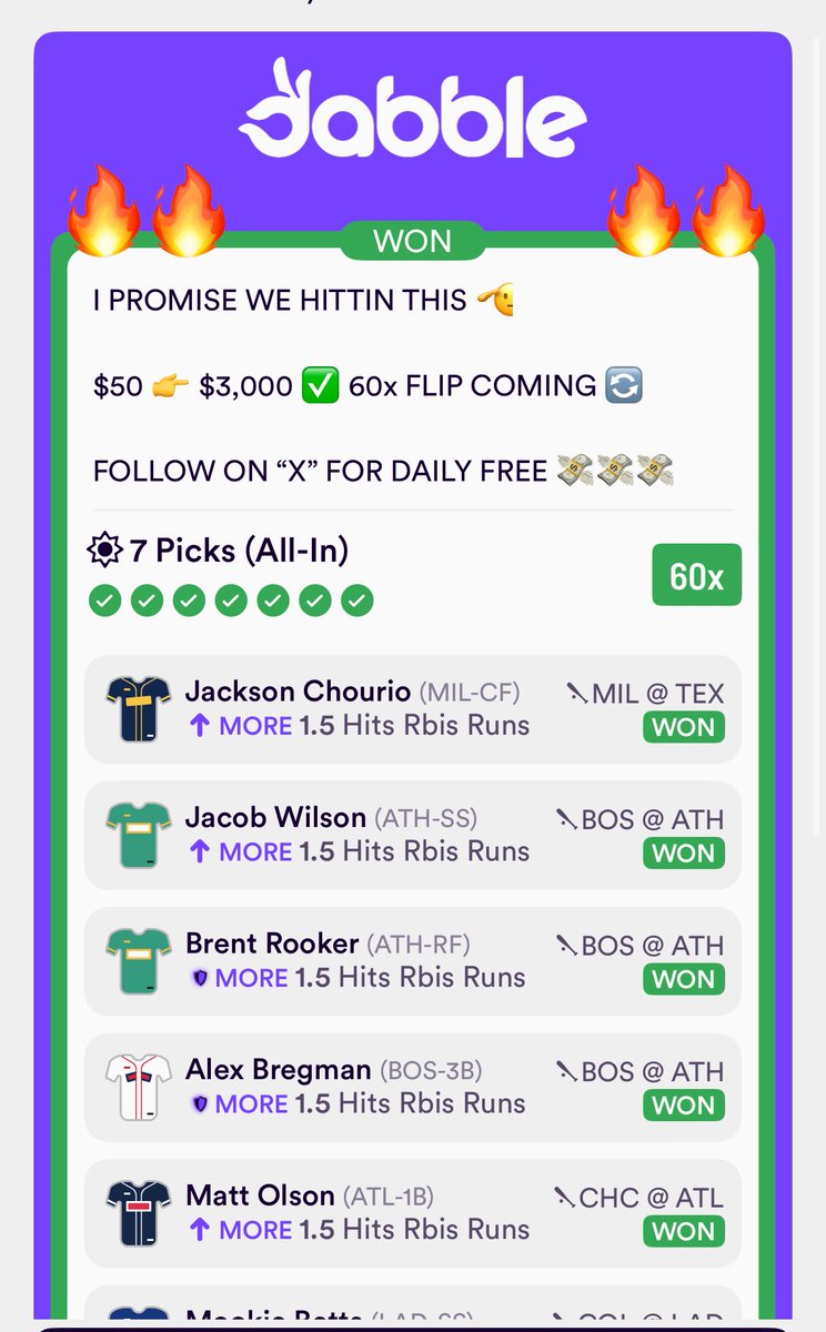 BDSportings's tweet image. 8-0 NOW ✅✅✅✅✅✅✅✅

A’s (-114)🔥💸

A. Bregman H/R/RBI Ov. (1.5)🔥💸

J. Profar H/R/RBI Ov. (1.5)🔥💸

J. Soto H/R/RBI Ov. (1.5) x2🔥💸

K. Marte TB Ov. (1.5)🔥💸

Mark Gronowski TD (-143) x2🔥💸

Rays Ov. (6.5)🔥💸

Royals (+1.5)🔥💸

SUBSCRIBE👇

dubclub.win/r/p/pri-mebrs/…