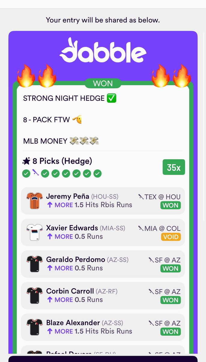 BDSportings's tweet image. 8-0 NOW ✅✅✅✅✅✅✅✅

A’s (-114)🔥💸

A. Bregman H/R/RBI Ov. (1.5)🔥💸

J. Profar H/R/RBI Ov. (1.5)🔥💸

J. Soto H/R/RBI Ov. (1.5) x2🔥💸

K. Marte TB Ov. (1.5)🔥💸

Mark Gronowski TD (-143) x2🔥💸

Rays Ov. (6.5)🔥💸

Royals (+1.5)🔥💸

SUBSCRIBE👇

dubclub.win/r/p/pri-mebrs/…