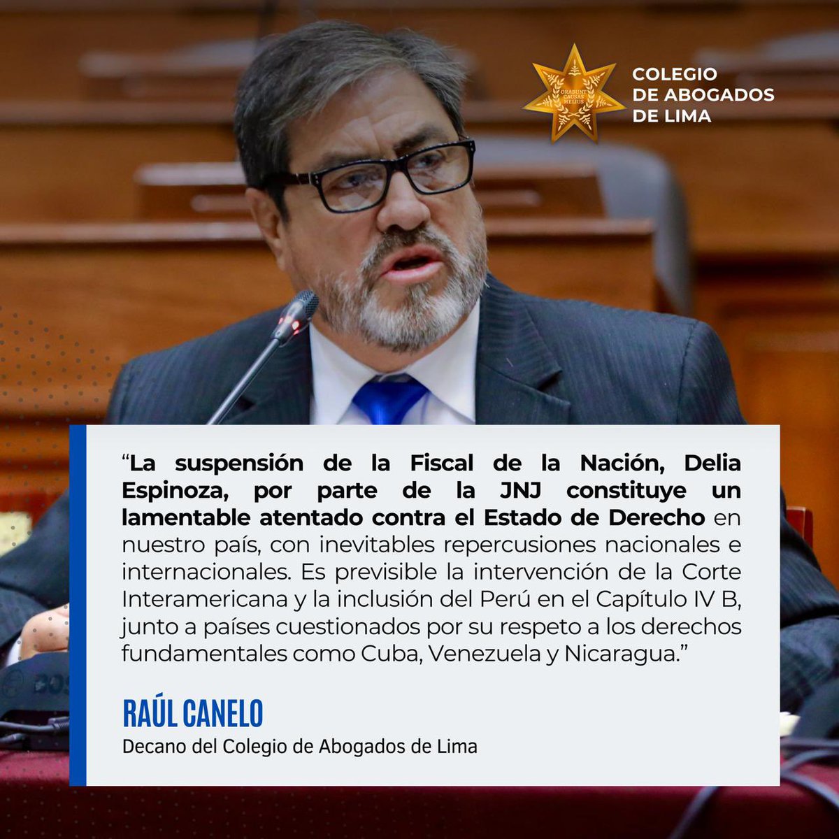 “La suspensión de la Fiscal de la Nación, Delia Espinoza, por parte de la JNJ constituye un lamentable atentado contra el Estado de Derecho en nuestro país, con inevitables repercusiones nacionales e internacionales. Es previsible la intervención de la Corte Interamericana y la