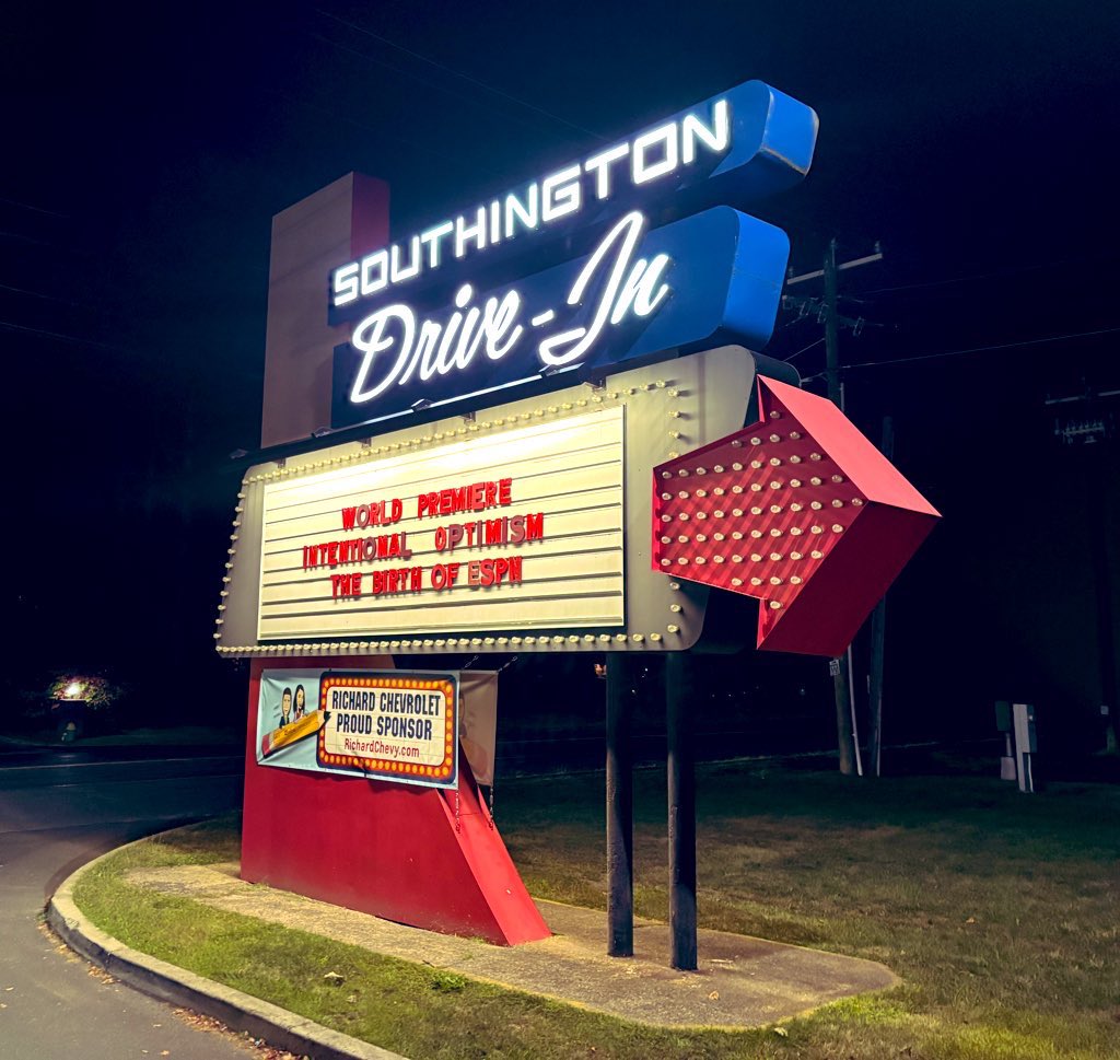 Fun night at the Drive-In in Southington, CT for the world premiere of ‘Intentional Optimism: The Birth of ESPN’. 

ESPN historian <a href="/MichaelJSoltys/">Mike Soltys</a> has been working w/ filmmakers on this documentary project about founder <a href="/Bill_ESPN/">Bill Rasmussen</a> and how he launched the network. What a story.
