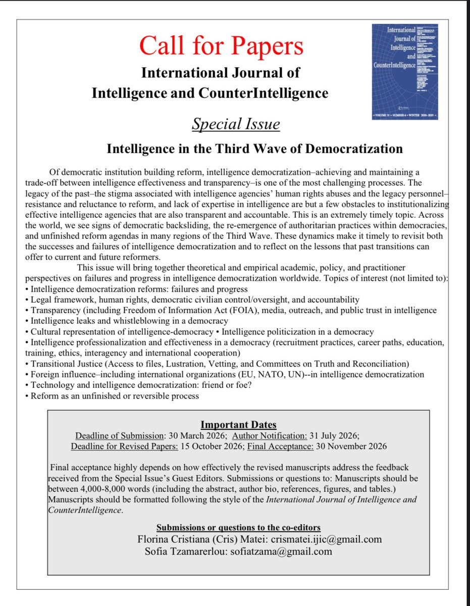 See below for a CfP for a special issue on intelligence and democratization:
