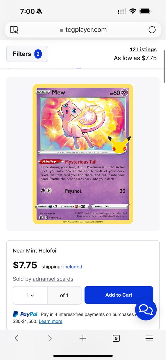 MattsCardsStore's tweet photo. I bought 500 Pokemon Celebrations Mews on TCGP, Comc, and eBay causing the price to jump from 75 cents to $7.75 in less than a week.  AMA. https://t.co/5iAENvnJQ4