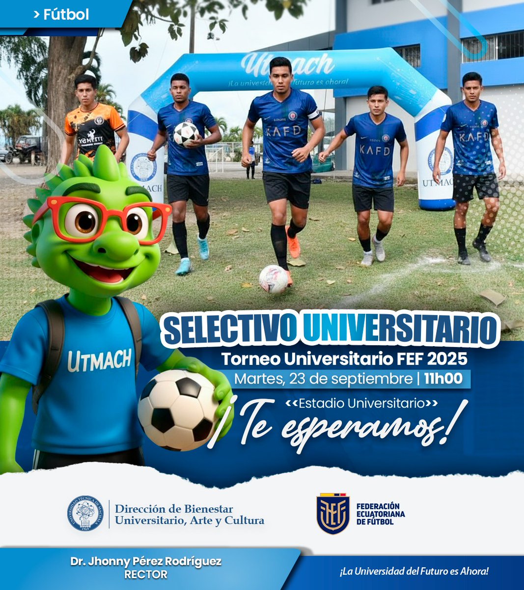 🏆 *¡La UTMACH busca a sus campeones del fútbol!* ⚽

¿Tienes el talento, la pasión y la garra que se necesita para defender los colores de tu universidad? 🔵⚪
¡Esta es tu oportunidad de brillar en el torneo universitario más importante del país! 🔵 ¡Te esperamos!
#UTMACH