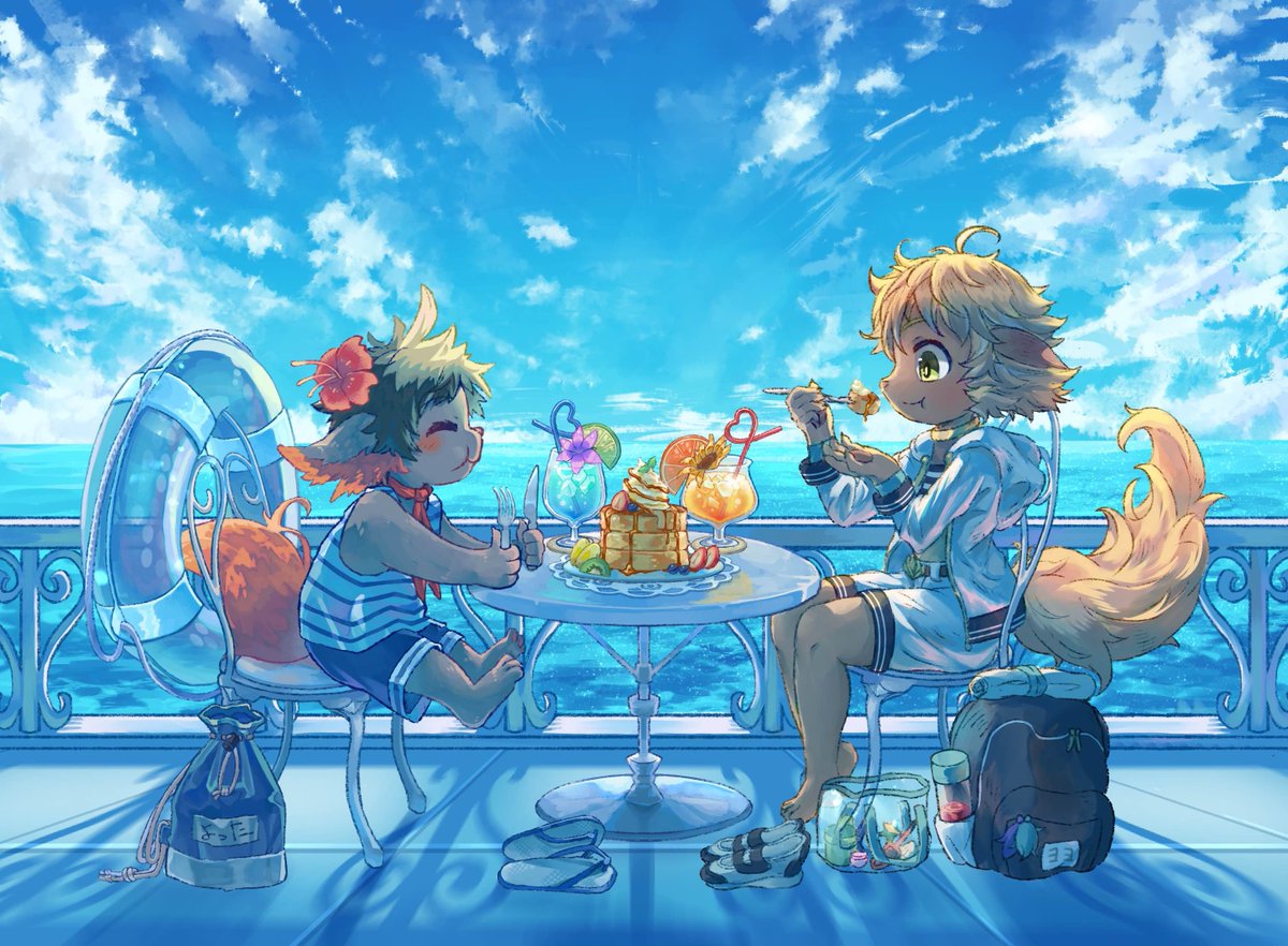 もう直ぐ夏が終わりますね。ということで以前推しクロ2に蒼介さん(<a href="/Desire614/">蒼介</a> )と2人で描いた涼しげな夏の絵を投稿します。
構図はジョカチョが主導で進め、ライティングや小物などはお互いに提案し合いながら一緒に描き上げました。楽しかったです！！！！
