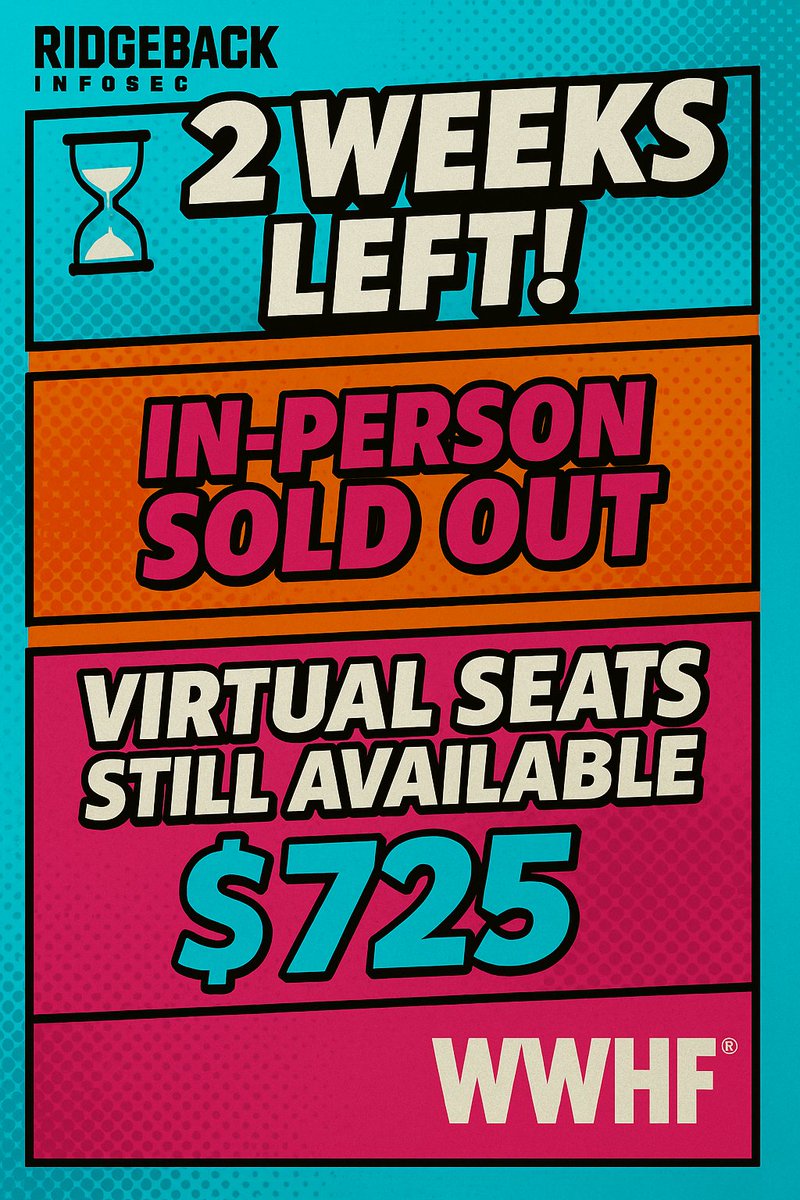 Chris Traynor (@cstraynor) on Twitter photo ⏳ 2 Weeks Left!
I’ll be teaching Offensive Tooling for Operators at <a href="/WWHackinFest/">Wild West Hackin' Fest</a> Deadwood. In-person is SOLD OUT, but Virtual Seats ($725) are still available — ticket includes full WWHF access.
🔗 ridgebackinfosec.com/events/#wwhf-d… ⏳ 2 Weeks Left!
I’ll be teaching Offensive Tooling for Operators at <a href="/WWHackinFest/">Wild West Hackin' Fest</a> Deadwood. In-person is SOLD OUT, but Virtual Seats ($725) are still available — ticket includes full WWHF access.
🔗 ridgebackinfosec.com/events/#wwhf-d…