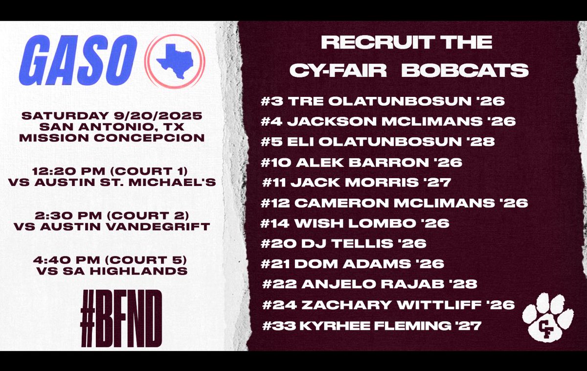 Heading to San Antonio tomorrow! 
🚗💨 #GASO 
Image contains our schedule and roster. #BFND