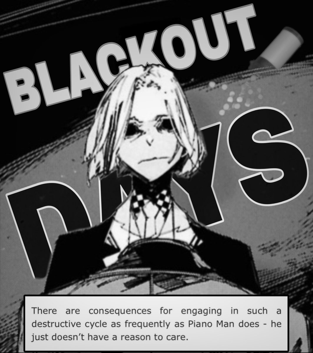 my contribution to <a href="/PortMafiaZine/">As Night Falls - A BSD Port Mafia Zine</a> — featuring piano man and everything he’s willing to sacrifice in order to succeed in the mafia.

[CONTENT WARNING: drug use, addiction]

🔗: archiveofourown.org/works/71080801