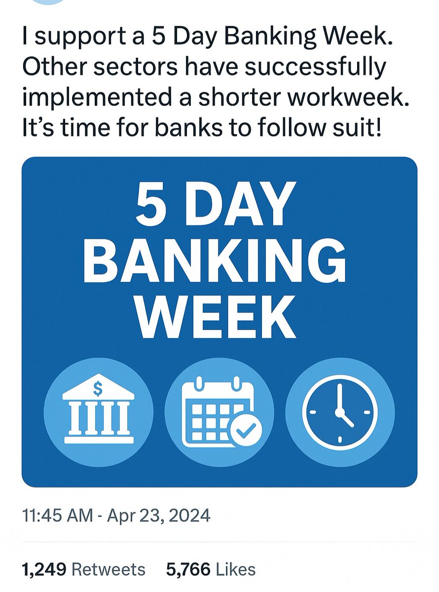 Still hoping for #5daysbanking  and trying to keep the demand alive is necessary if we want it to actually happen.
<a href="/idesibanda/">Newton Bank Kumar</a> <a href="/aiboc_in/">All India Bank Officers' Confederation (AIBOC)</a> <a href="/ChVenkatachalam/">CH VENKATACHALAM</a> <a href="/grok/">Grok</a> <a href="/rupamsmail/">Rupam Roy</a> <a href="/narendramodi/">Narendra Modi</a> <a href="/nsitharaman/">Nirmala Sitharaman</a> <a href="/DFS_India/">DFS</a> <a href="/UFBUIndia/">United Forum of Bank Unions</a> <a href="/FinMinIndia/">Ministry of Finance</a> <a href="/ChiefIba/">IBA_Chief_Executive</a>