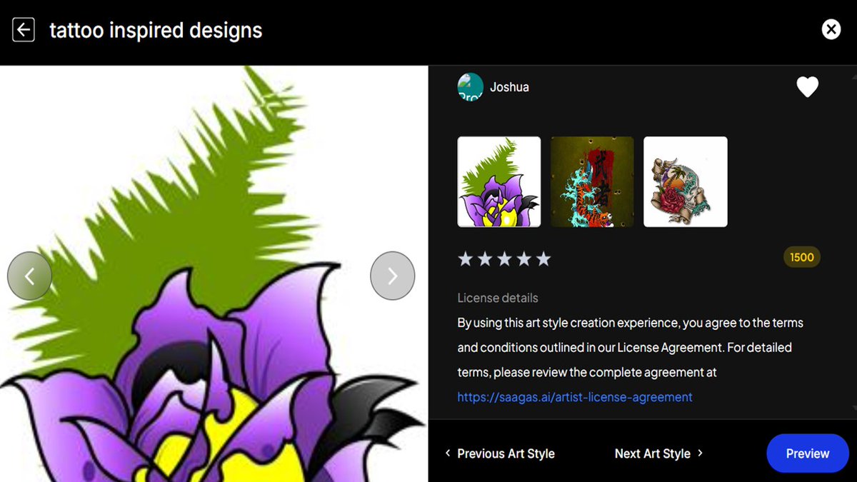 SaagasAI's tweet image. This phoenix rising from blue fire isn’t scraped.

It’s licensed. Bold. Artist-approved.

 One of many tattoo-inspired styles now live on @saagas_ai — where artists retain control and get paid per use.

 👉 Browse this listing: zurl.co/8Behe

 #TattooArt #PhoenixDesign…