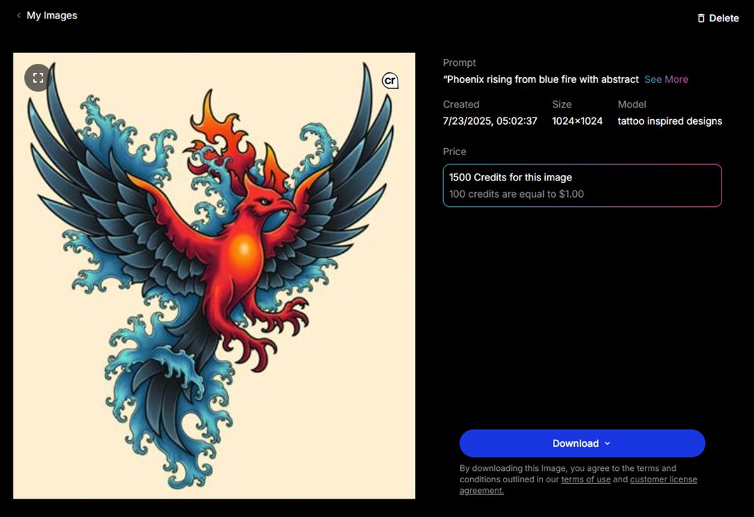 SaagasAI's tweet image. This phoenix rising from blue fire isn’t scraped.

It’s licensed. Bold. Artist-approved.

 One of many tattoo-inspired styles now live on @saagas_ai — where artists retain control and get paid per use.

 👉 Browse this listing: zurl.co/8Behe

 #TattooArt #PhoenixDesign…