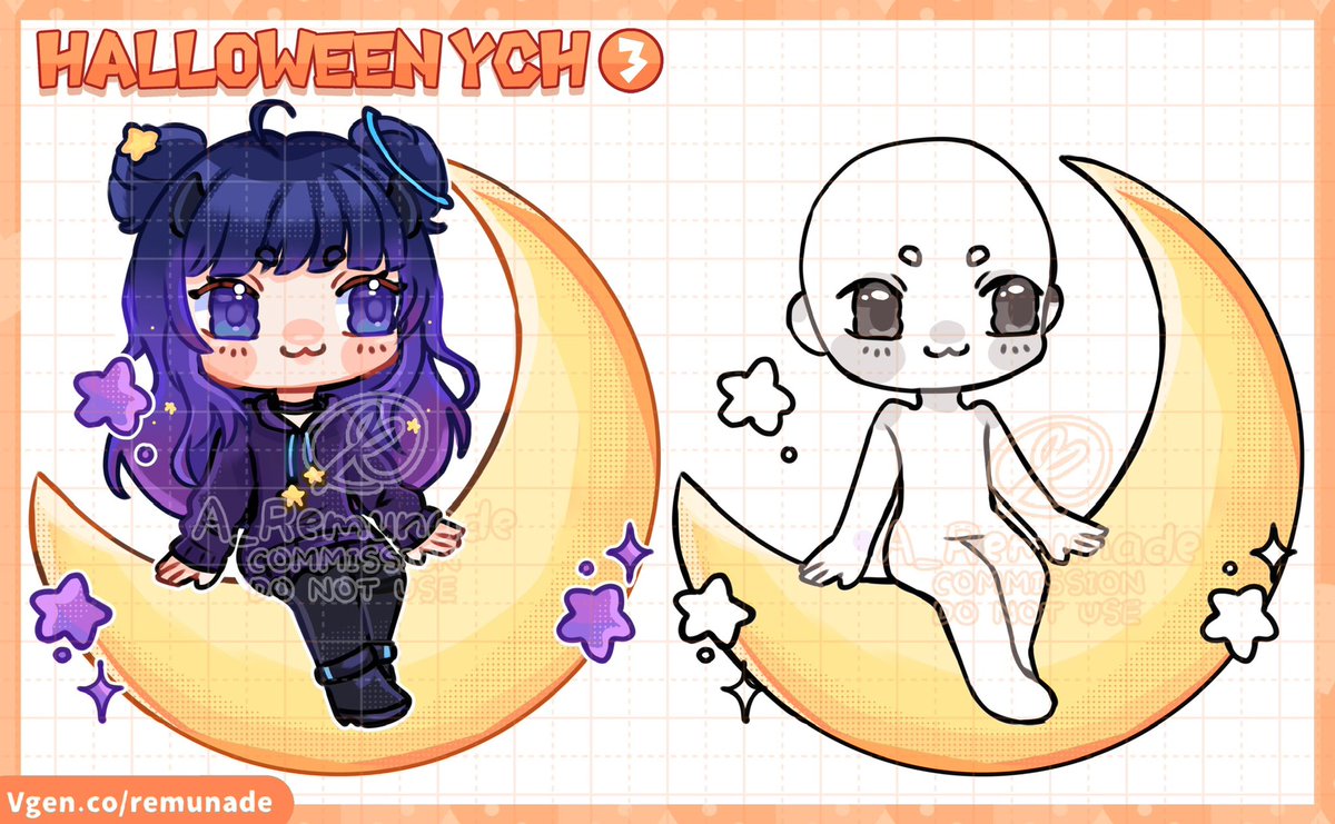 🎃 Halloween YCH open! ( ` ∇ ´ )ψ
3 new halloween services are now available on my #Vgen !!

♡ and ↻ are appreciated
Services found here: vgen.co/Remunade
#Halloween #YCH #Vtuber