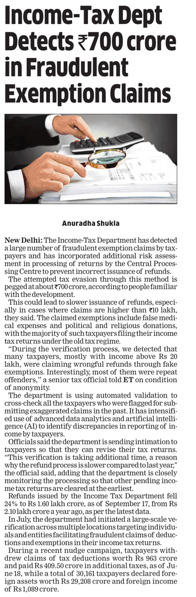 taxologyin's tweet photo. The Income-Tax Department has uncovered fraudulent exemption claims worth about ₹700 crore, mainly involving high-income taxpayers using fake medical and donation deductions. 

Refunds above ₹10 lakh are facing delays due to stricter checks. 

Using AI and data analytics, officials are verifying repeat offenders, prompting taxpayers to revise returns. Refund payouts dropped 24% this year. A recent crackdown led to withdrawal of false claims worth ₹963 crore and additional taxes of ₹409 crore.