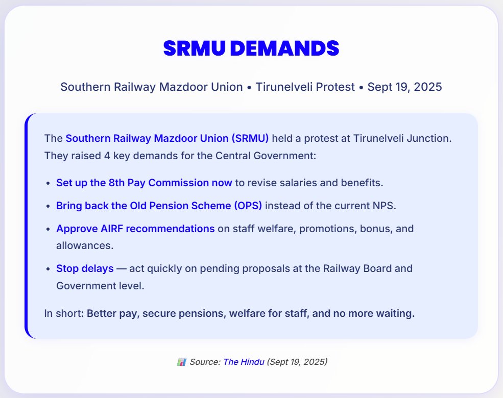 🚨 Big Update from Tirunelveli! 🚆
Southern Railway Mazdoor Union (SRMU) staged a protest demanding immediate 8th Pay Commission and return of the Old Pension Scheme. They also called for welfare, promotions &amp; allowance reforms.
#8thPayCommission #RailwayProtest