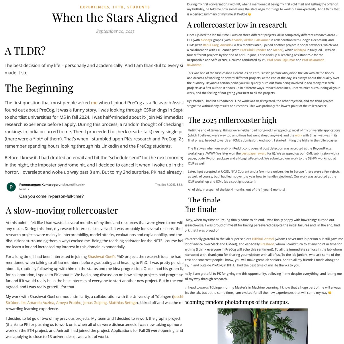 ponguru's tweet image. ✍🏽 “The best decision of my life – personally and academically. I am thankful to every single person who made it so.” — reflections @karunakc_  🎓 #ResearchAssociate #Classof2025 Joining University of Tübingen 🇩🇪 this fall 2025!

Full blog 👉 Comments #ProfGiri /c @precogatiiith