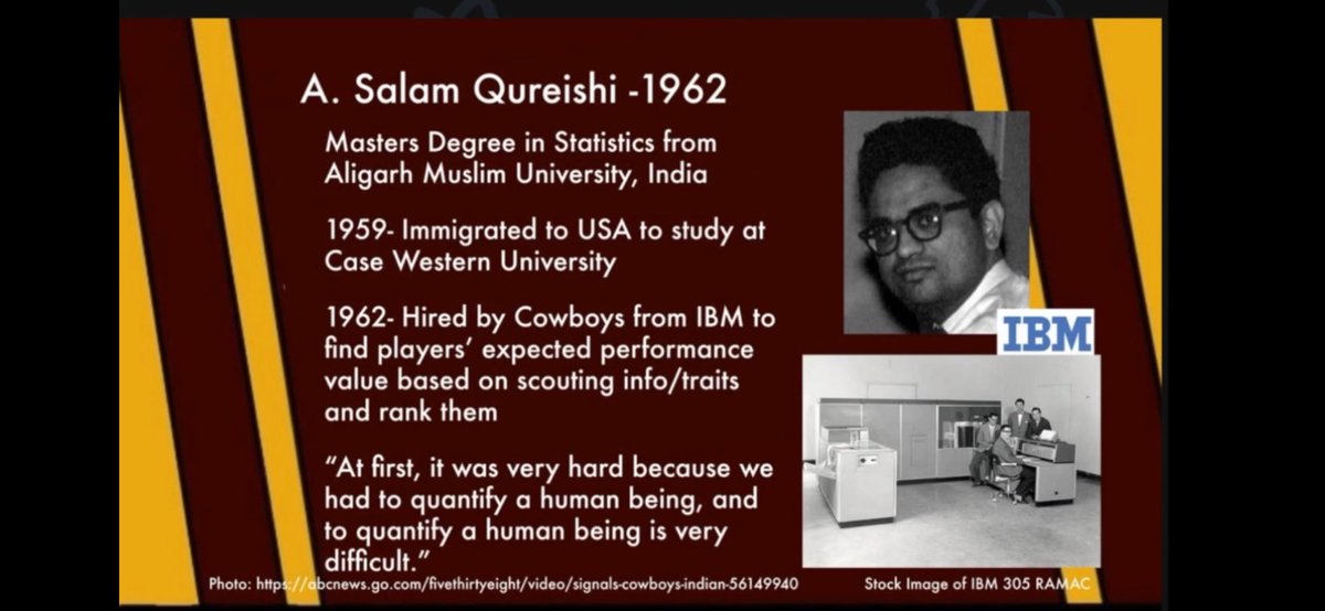 one of the first people to do analytics in the nfl was an immigrant from india, salam qureishi, who worked for the cowboys. he arrived in 1959, studied at case western, worked for the predecessor of ibm, started the cowboys first dynasty &amp; revolutionized data analysis in the nfl.