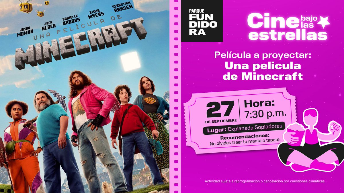 ⛏️ Prepara tu pico y tu armadura de diamante porque MINECRAFT llega a Cine Bajo las Estrellas. 🎬🌟

No olvides craftear antes tus palomitas y tus galletas para disfrutar de la función. 🍿🍪

¡Entrada libre! Te esperamos. 🙌🏻👾