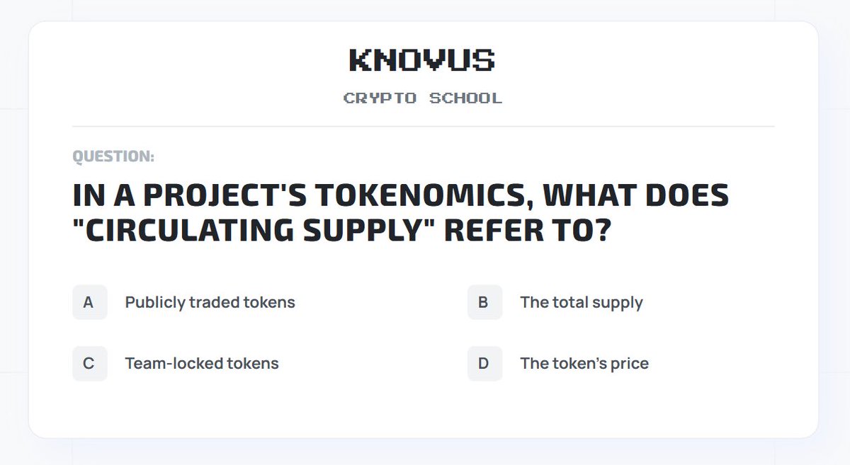 The daily Knowledge Verification query is live.

Today's subject: Circulating Supply.

Hint: This metric is crucial for calculating a project's true market cap.

Validate your answer on the platform.
