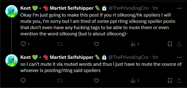 TheCodingPro11's tweet image. just going to share this from my priv since I'd like to make it known that I do not like silksong spoilers since I'd love to be able to play silksong blind.