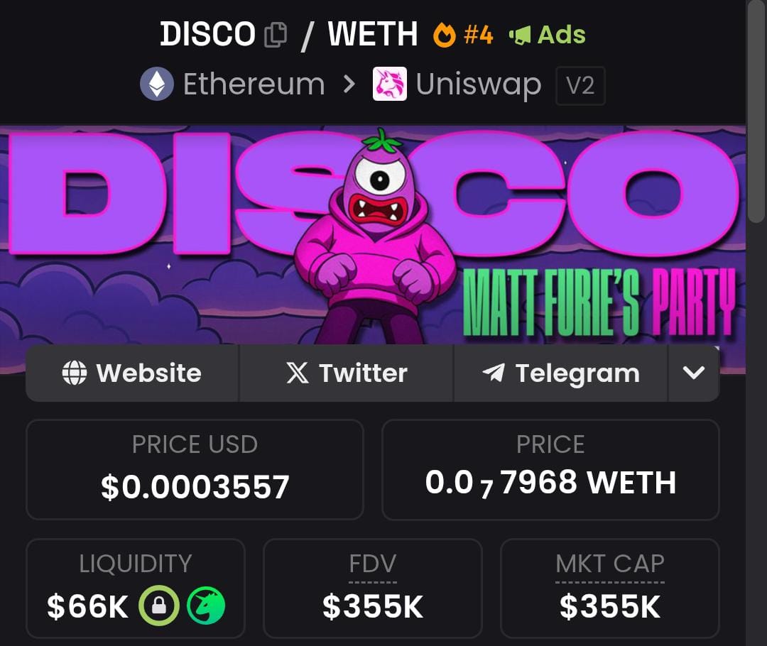 Disco By Matt Furie 🔥

$DISCO deep In the memeverse disco united with the boys club for “THE LAST DANCE” don’t be late to the party

Been watching this a few hours ago and call now. Chart looks healty. Showing steady growth.  If this continues to grow, it will become bigger.