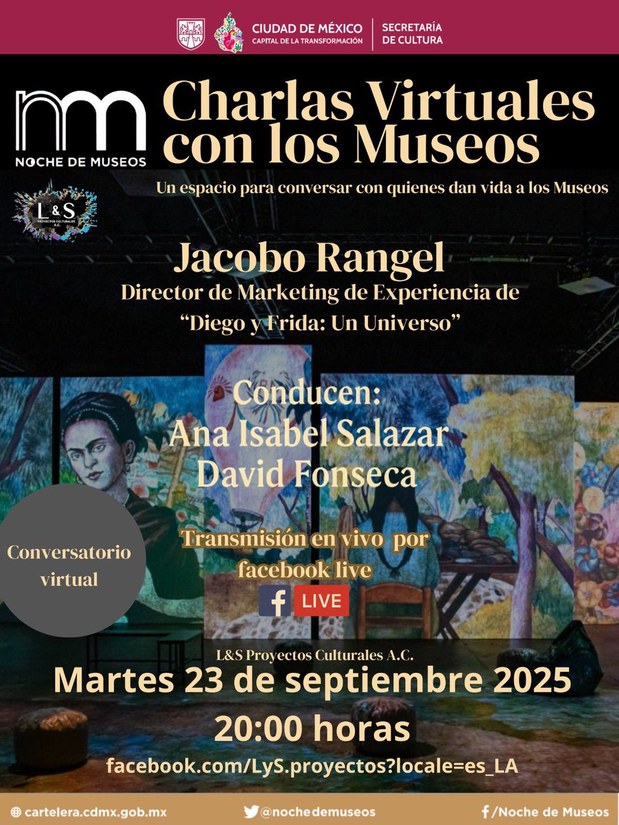 Martes 23 de septiembre a las 20:00 hrs 
Charla virtual con los museos, con Jacobo Rangel director de marketing de experiencia de “Diego y Frida: un universo” No se lo pierdan!!