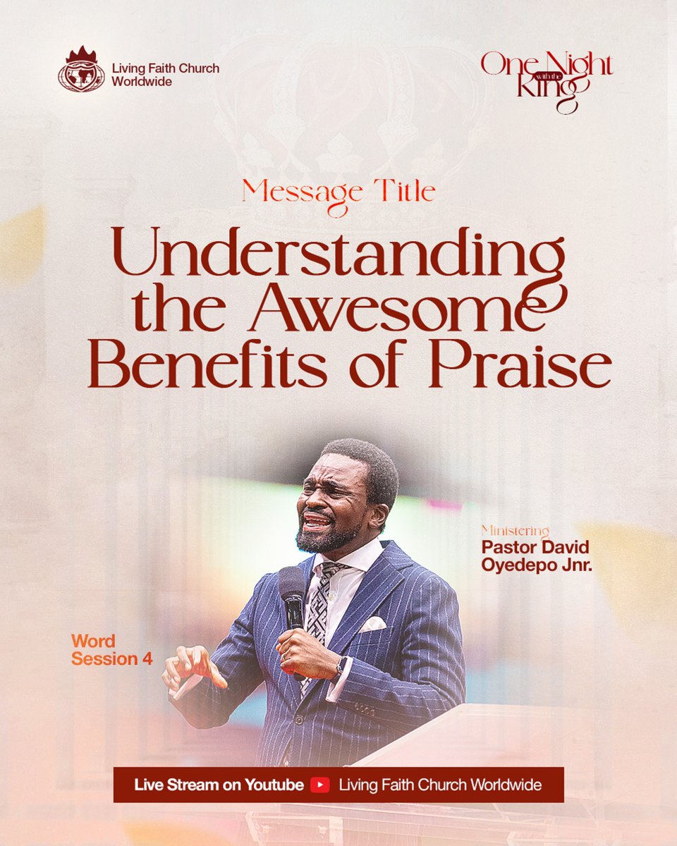 WinnersWLD's tweet photo. Word Session 4

Ministering: @DavidOyedepoJnr. 

Message Title: Understanding the Awesome Benefits of Praise

'To see what praise has to offer, you must have your eyes on the prize.

The secrets of God are in the simple things, of which praise is included. - Ps. 47:7

If you don't want to miss it in life, you need God to open your eyes, and this is only possible through the medium of praise.

It takes the facilitator of joy to see the path of life unveiled to you.

Every time there is jubilation, God manifests Himself mightily.

Benefits of Praise

1. It secures access to the path of life. - Prov. 3:6

- It takes the facilitator of joy to show you the path of life. 

2. It triggers diverse miracles. - Ex. 15:11

- When praise goes up, wonders are delivered. 

3. It paves the way to your inheritance in Christ. - Judg. 1:1-2, 1 Thes. 5:18

- It is in praising God that you take delivery of your inheritance. 

4. It secures harvest for your labour. - Joel 1:11-13, Hab. 3:17-19

- The labour of your hands is only as productive as the praise in your mouth. Let nothing ever take praise out of your mouth. 

5. It empowers the redeemed for conquest. - Isa. 30:29-31, Ps. 8:2

- Praise is a sweatless dimension for victory in the battles of life.

6. It empowers you for success. - 1 Sam. 18:10, Ps. 23:4

- When you praise God, there is a wall of defence raised around you. 

7. It secures access to help from above. - Ps. 100:4, Heb. 13:6

- When God is your helper, opposition is of no consequence. 

8. It provokes divine intervention. - Josh. 6:20

9. It secures a way out from every challenging situation. - 2 Kgs. 3:15-16

- Praise shows the way out of difficulties. 

10. It provokes supernatural favour. -Ps. 30:5-7

- The favour of God is a virtue of inestimable value. When you praise God, you experience supernatural triumph'._ @DavidOyedepoJnr.

#OneNightWithTheKing
#LfcLiveService
#MyNewEra2025